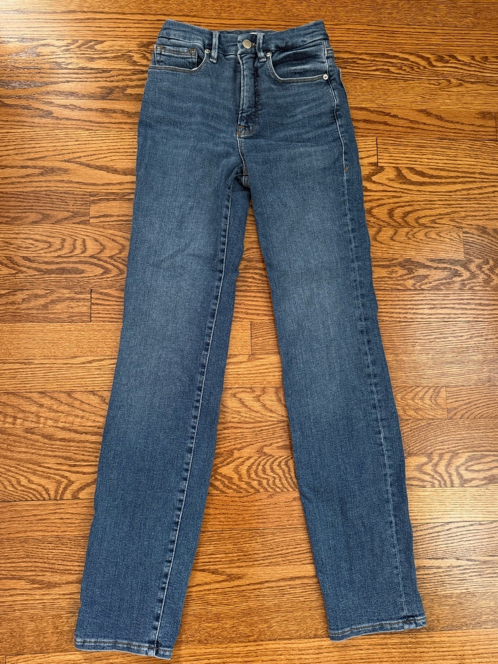 Good American Classic High-Rise Slim Straight Leg Jeans Zipper Hem Blue 2/26